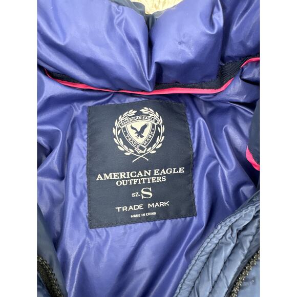 American Eagle Navy Puffer Full Zip Jacket Faux Fur Lines Sherpa Hood Size Small - Picture 4 of 9
